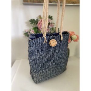 Kenneth Cole Reaction Powder Blue Abaca Straw Logo Shoulder Handbag‎ Vintage EUC